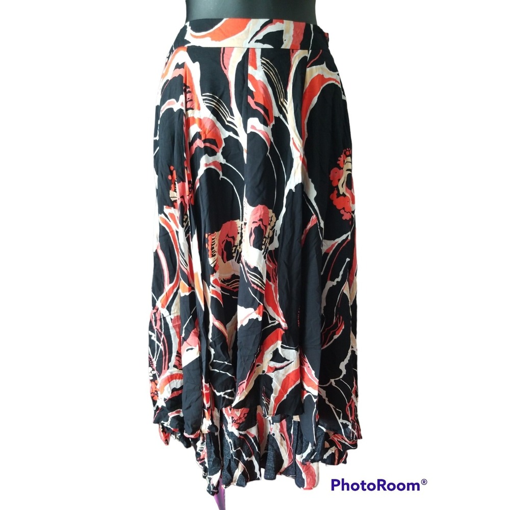 Free People Women's Printed Orange Black Hi-Low Skirt Size 0